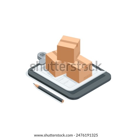 isometric vector boxes on a tablet with a document and a pencil, in color on a white background, warehouse documentation or merchandising