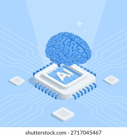 Un cerebro de Vector isométrico sobre un chip etiquetado como IA con Pistas de circuitos, en color sobre un fondo azul, la inteligencia artificial como herramienta para el mundo moderno.