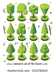 Isometric vector bright tree set. Landscape constructor kit. Different trees for make nature design.