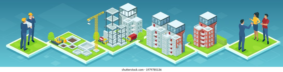 Isometric vector of a building process of a high-rise condo from engineer planning to customer presentation 