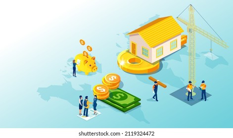 Isometric Vector Of A Building Process Of A Home From Engineer Planning, Bank Money Borrowing  To Presentation By A Real Estate Agent To A Young Family 