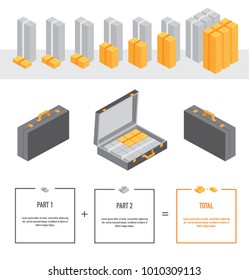 Isometric vector bundles of money and case with money. Business infographic set
