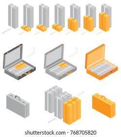 Isometric vector bundles of money and case with money. Business infographic set