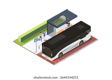 Parada de ônibus isométrica vetorial com um ônibus preto à espera dos passageiros. Pessoas esperando pelo ônibus, Ilustração em Branco Isolado 
