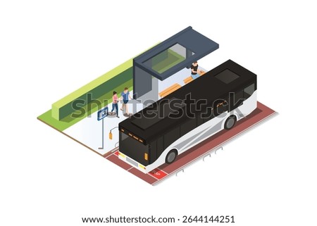 Isometric vector  bus stop with a black bus waiting for passengers. People waiting for the bus,  Illustration in White Isolated 