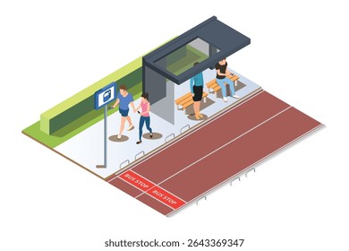 Parada de barramento de vetor isométrico com máquinas de venda automática de ingressos interativas e um mapa detalhado de rotas. Pessoas esperando pelo ônibus, Ilustração em Branco Fundo Isolado