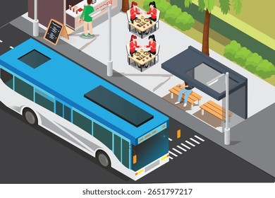 Parada de ônibus isométrica vetorial com um ônibus de luxo à espera de passageiros. Pessoas esperando pelo ônibus, Ilustração em Branco Isolado