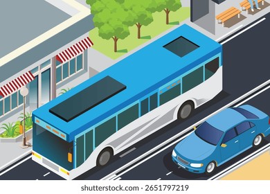 Parada de ônibus isométrica vetorial com um ônibus de luxo à espera de passageiros. Pessoas esperando pelo ônibus, Ilustração em Branco Isolado