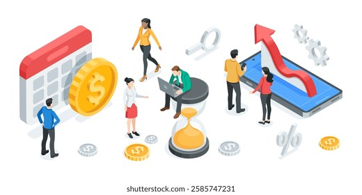 isometric vector business concept with people and icons of money with chart and calendar, in color on white background, time and money or financial work