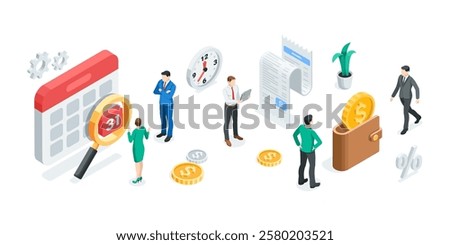 isometric vector business concept with people and icons of money with check and calendar, in color on white background, time and money or financial audit