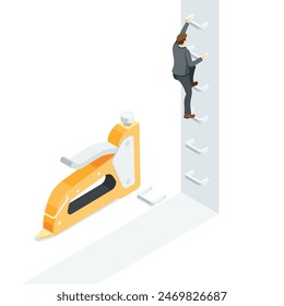 isometric vector business man climbing up the stairs from staples from a construction stapler, in color on a white background, a difficult path to a goal or success