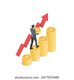 hombre de negocios de Vector isométrico con una moneda subiendo una tabla de monedas y una flecha subiendo, en color sobre un fondo blanco, crecimiento financiero o éxito