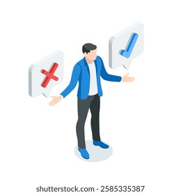 isometric vector business man and cross and check mark icons, in color on white background, approval or rejection