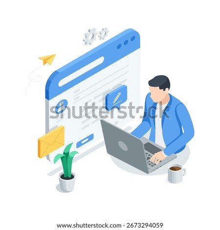 isometric vector business man with cup of coffee typing email on laptop, in color on white background, typing text or working with email in office