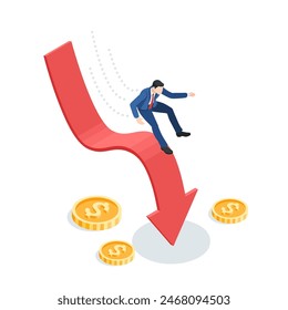 isometric vector business man falling down arrow and lying coins with dollar icon, in color on white background, financial crisis or bankruptcy