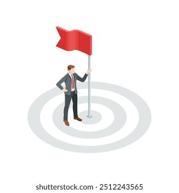 isometric vector business man with flag on a target, in color on a white background, success achievement or leader