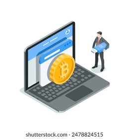isometric vector business man with a flash drive stands near a laptop on the screen of which there is a large bitcoin coin, in color on a white background, cryptocurrency or bitcoin owner