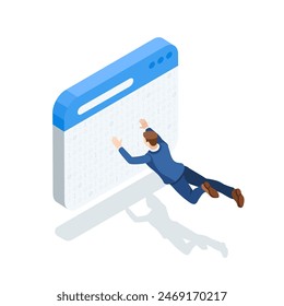 isometric vector business man flies up to the program window, in color on a white background, digital virtual space or internet portal