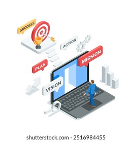 isometric vector business man in front of laptop screen and steps to target and cup, in color on white background, path or steps to success