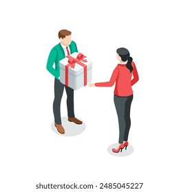 isometric vector business man giving a gift in a box with a bow to a woman, in color on a white background, a holiday gift or promotion in a store