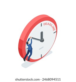 isometric vector business man hanging on the minute hand of a clock, in color on a white background, deadline or trying to stop time