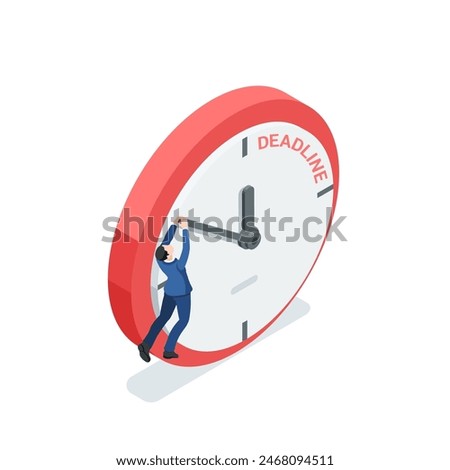 isometric vector business man hanging on the minute hand of a clock, in color on a white background, deadline or trying to stop time