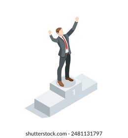isometric vector business man with his hands raised up on the first step of the pedestal, in color on a white background, the joy of victory or winner