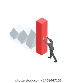 isometric vector business man holding a falling chart pole, in color on a white background, financial stabilization during a crisis or helping the economy