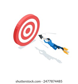 isometric vector business man holding an arrow flies to the target, in color on a white background, the path to success in business or achieving a goal