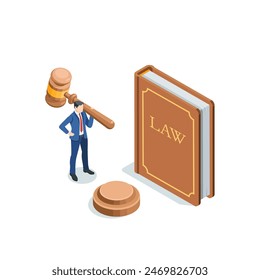 isometric vector business man with a judge's gavel near the law book, in color on a white background, judge courses or jurisprudence