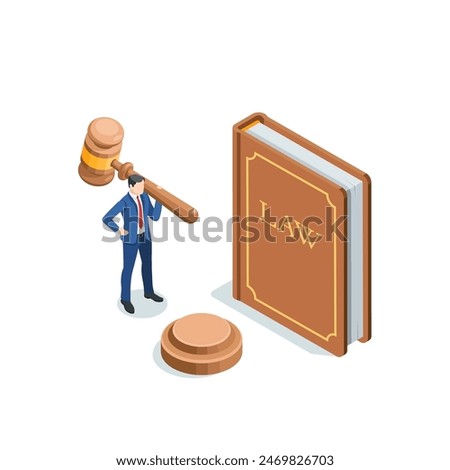 isometric vector business man with a judge's gavel near the law book, in color on a white background, judge courses or jurisprudence