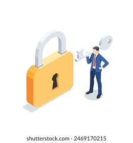 isometric vector business man with a key stands near the lock, in color on a white background, data access or password