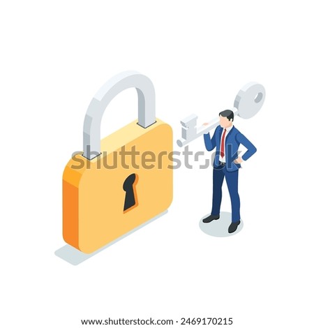 isometric vector business man with a key stands near the lock, in color on a white background, data access or password
