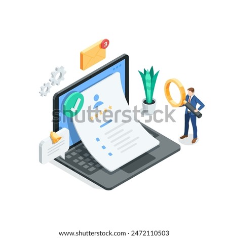 isometric vector business man with a magnifying glass stands near a laptop on the screen of which there is a job candidate application form, in color on a white background, employee search or approval