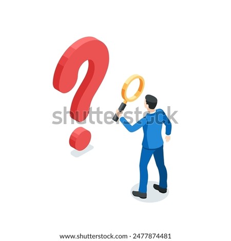 isometric vector business man with a magnifying glass looking at a big question mark, in color on a white background, searching for a solution to a problem or analyzing it
