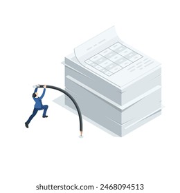 isometric vector business man makes a jump up with a pole in the form of a pencil on a stack of documents, in color on a white background, high jump or paperwork difficulties