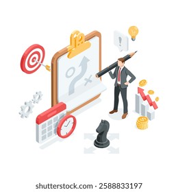 isometric vector business man with pencil standing near plan and calendar with clock and chess knight, in color on white background, business strategy and chart with arrow and money