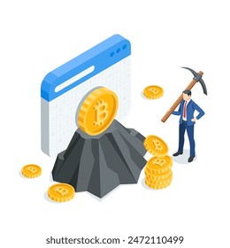 isometric vector business man with a pickaxe stands near a mountain with bitcoin, in color on a white background, cryptocurrency mining