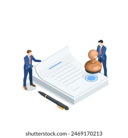 isometric vector business man putting a stamp on a document, in color on a white background, paperwork or notary