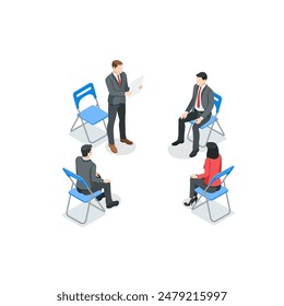 isometric vector business man reading a document to subordinates or colleagues sitting on chairs in a circle, in color on a white background, working relationship or meeting in the office