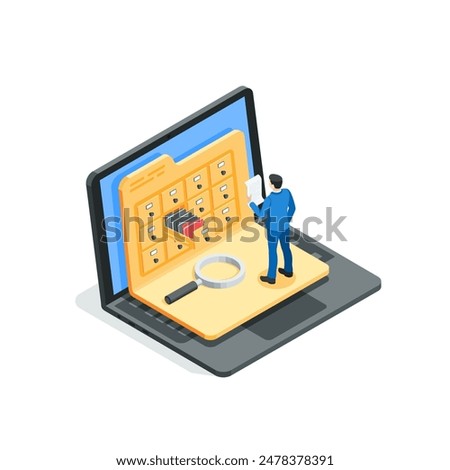isometric vector business man reading a document from an archive in a folder on a laptop screen, in color on a white background, archive folder or digital document storage