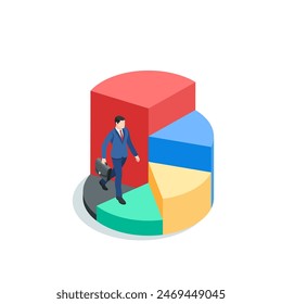 isometric vector business man running up a pie chart like steps up, in color on a white background, best financial performance or success