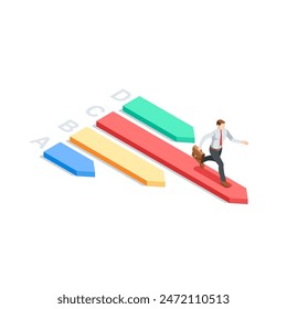 isometric vector business man running along the chart arrow, in color on a white background, leader or victory in the challenge
