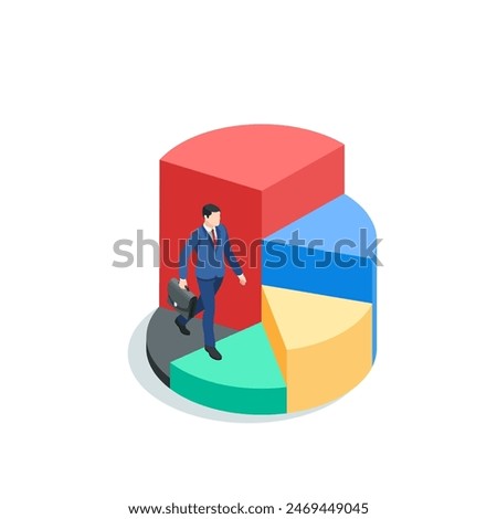 isometric vector business man running up a pie chart like steps up, in color on a white background, best financial performance or success
