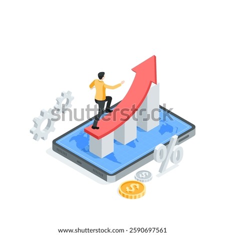isometric vector business man running up chart arrow on tablet screen, in color on white background, achieving success in business or rapid growth