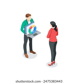 isometric vector business man showing diagrams on laptop screen to woman, in color on a white background, business communication or working with statistical data