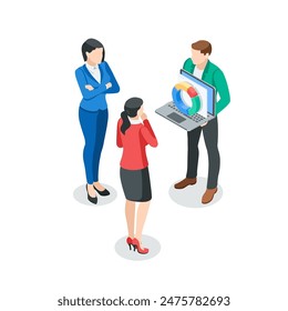 isometric vector business man showing diagrams on laptop screen to womans, in color on a white background, business communication or team working with statistical data