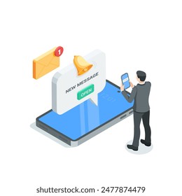 Isometrische Vektorgrafik Geschäftsmann mit Smartphone und Nachricht mit Button und Klingel, farbig auf weißem Hintergrund, neue Nachricht auf Handy