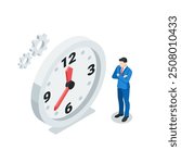 isometric vector business man standing near big clock, in color on white background, waiting time or deadline