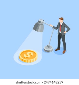 isometric vector business man standing near a table lamp shining on a coin with a dollar icon, in color on a blue background, searching for money or financial success